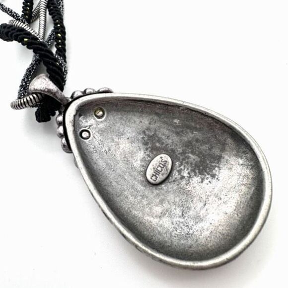 Chico’s marbled rhinestone beaded corded layered silvertone necklace pendant - Picture 6 of 6